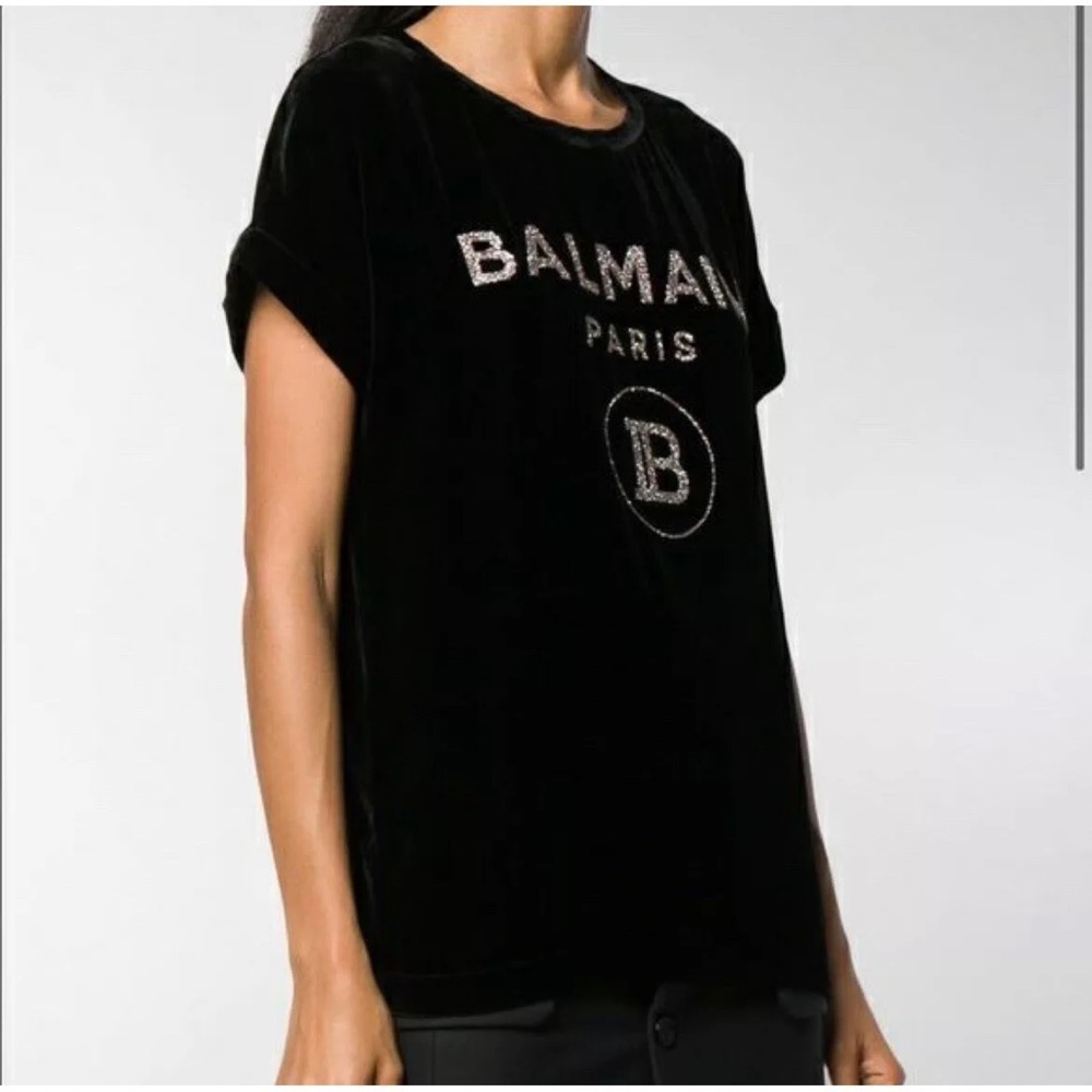 BALMAIN Black Velvet Glittered Logo Top Size 34 NWT - Picture 2 of 10